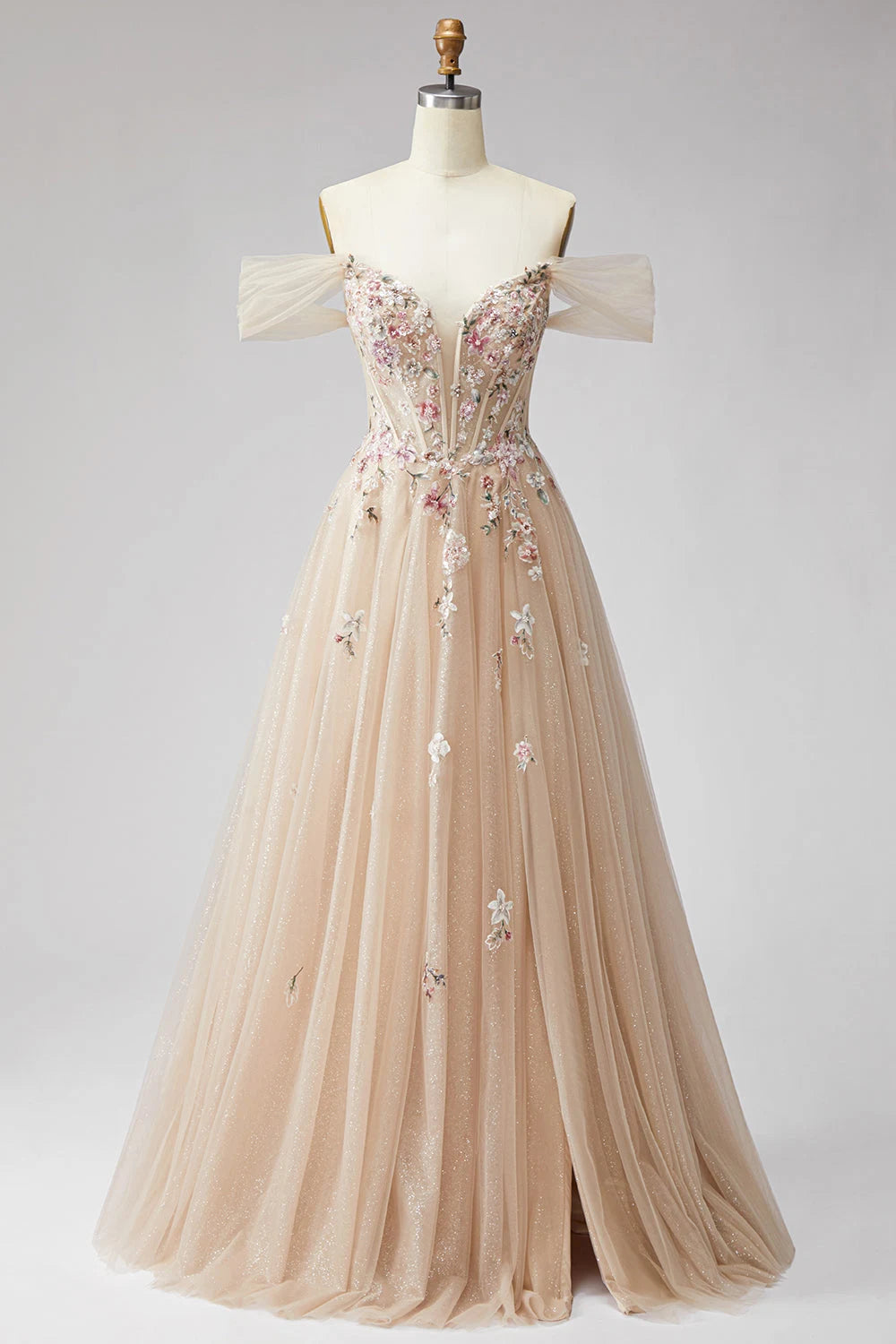 Elegant A-Line Off-Shoulder Sweetheart Floral Glitter Champagne Floor-Length Prom Gown