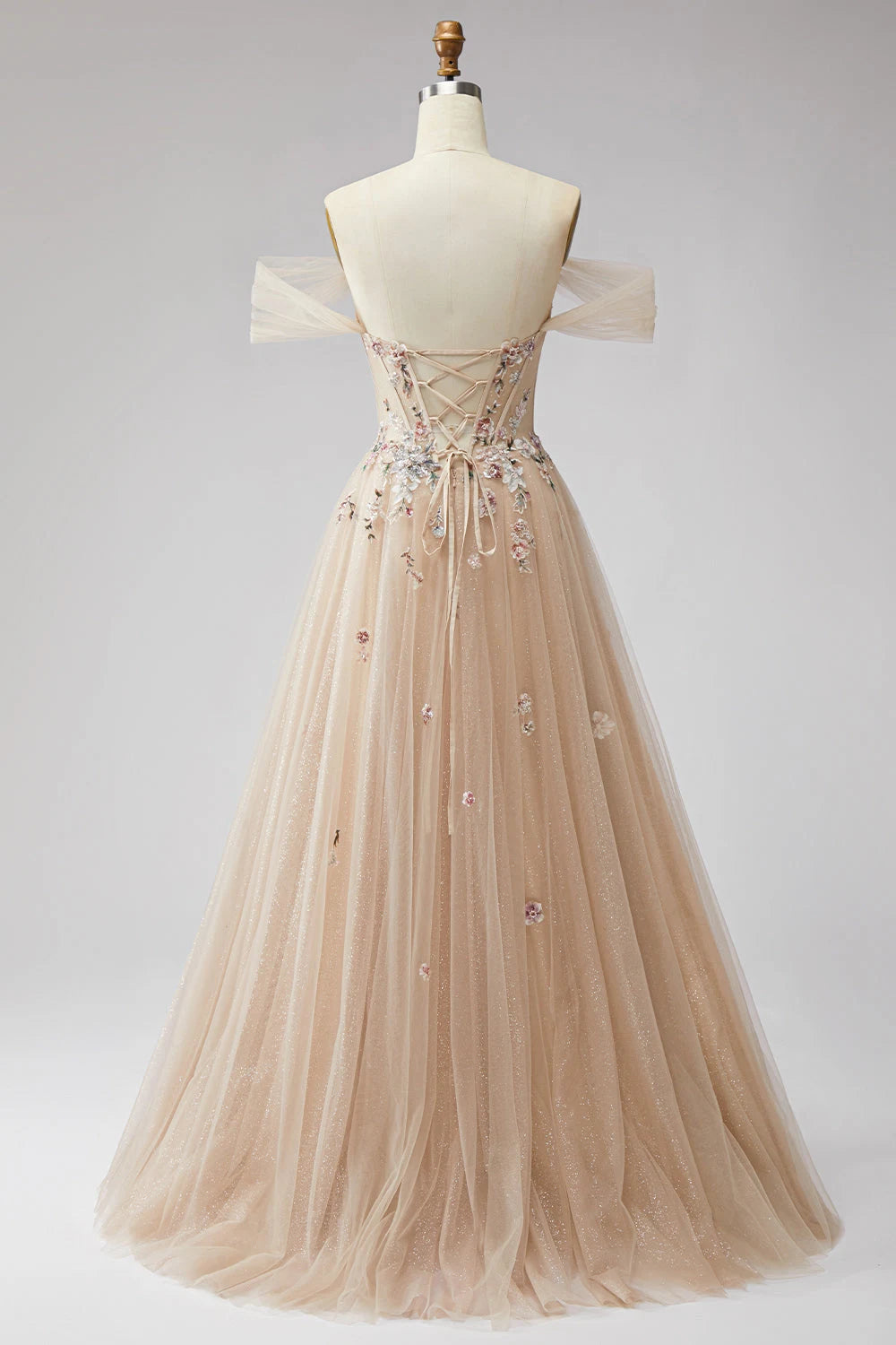 Elegant A-Line Off-Shoulder Sweetheart Floral Glitter Champagne Floor-Length Prom Gown