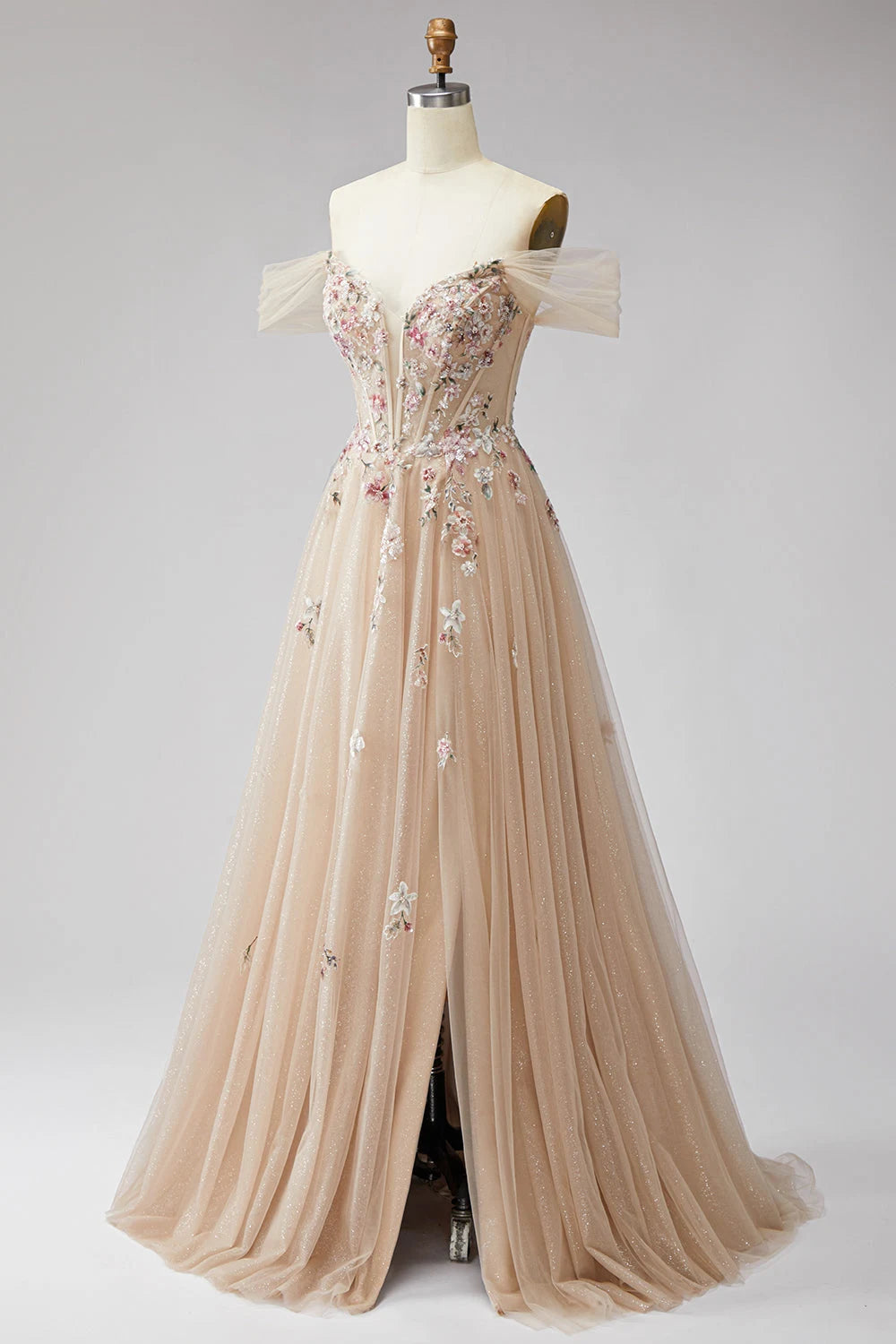 Elegant A-Line Off-Shoulder Sweetheart Floral Glitter Champagne Floor-Length Prom Gown