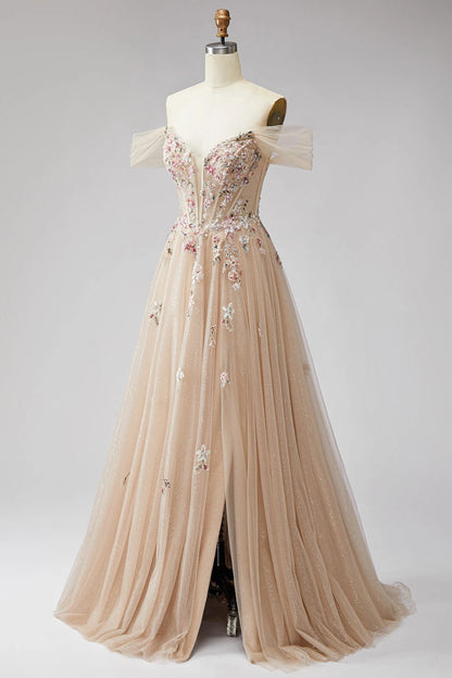 Elegant A-Line Off-Shoulder Sweetheart Floral Glitter Champagne Floor-Length Prom Gown