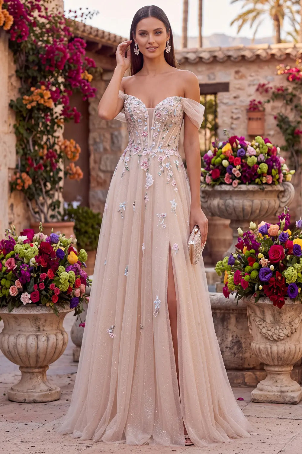 Elegant A-Line Off-Shoulder Sweetheart Floral Glitter Champagne Floor-Length Prom Gown
