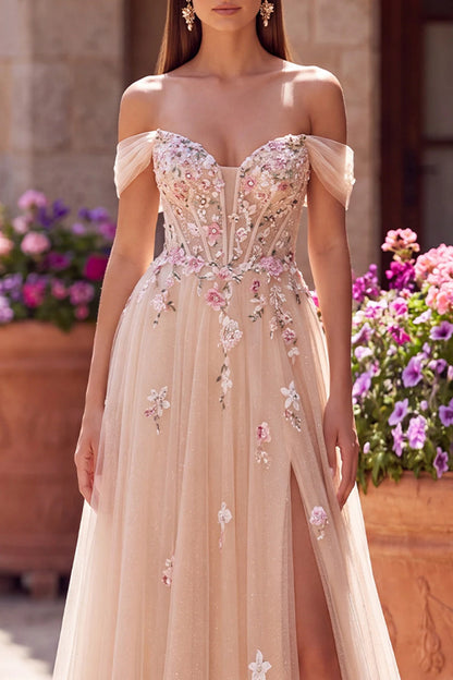 Elegant A-Line Off-Shoulder Sweetheart Floral Glitter Champagne Floor-Length Prom Gown