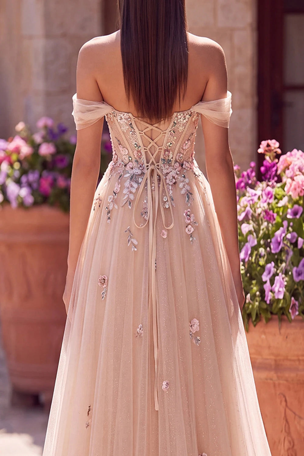 Elegant A-Line Off-Shoulder Sweetheart Floral Glitter Champagne Floor-Length Prom Gown