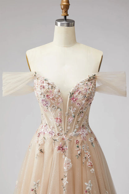 Elegant A-Line Off-Shoulder Sweetheart Floral Glitter Champagne Floor-Length Prom Gown