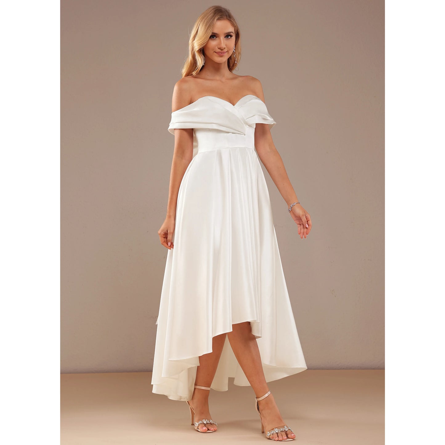 Elegant A-Line Off-Shoulder Sweetheart High-Low Bow-Back White Wedding Dresses Brides Gown