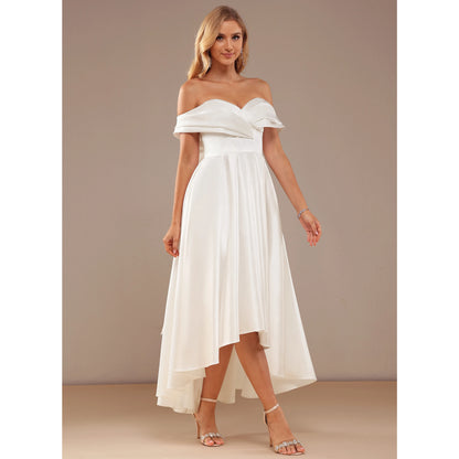 Elegant A-Line Off-Shoulder Sweetheart High-Low Bow-Back White Wedding Dresses Brides Gown