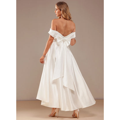 Elegant A-Line Off-Shoulder Sweetheart High-Low Bow-Back White Wedding Dresses Brides Gown