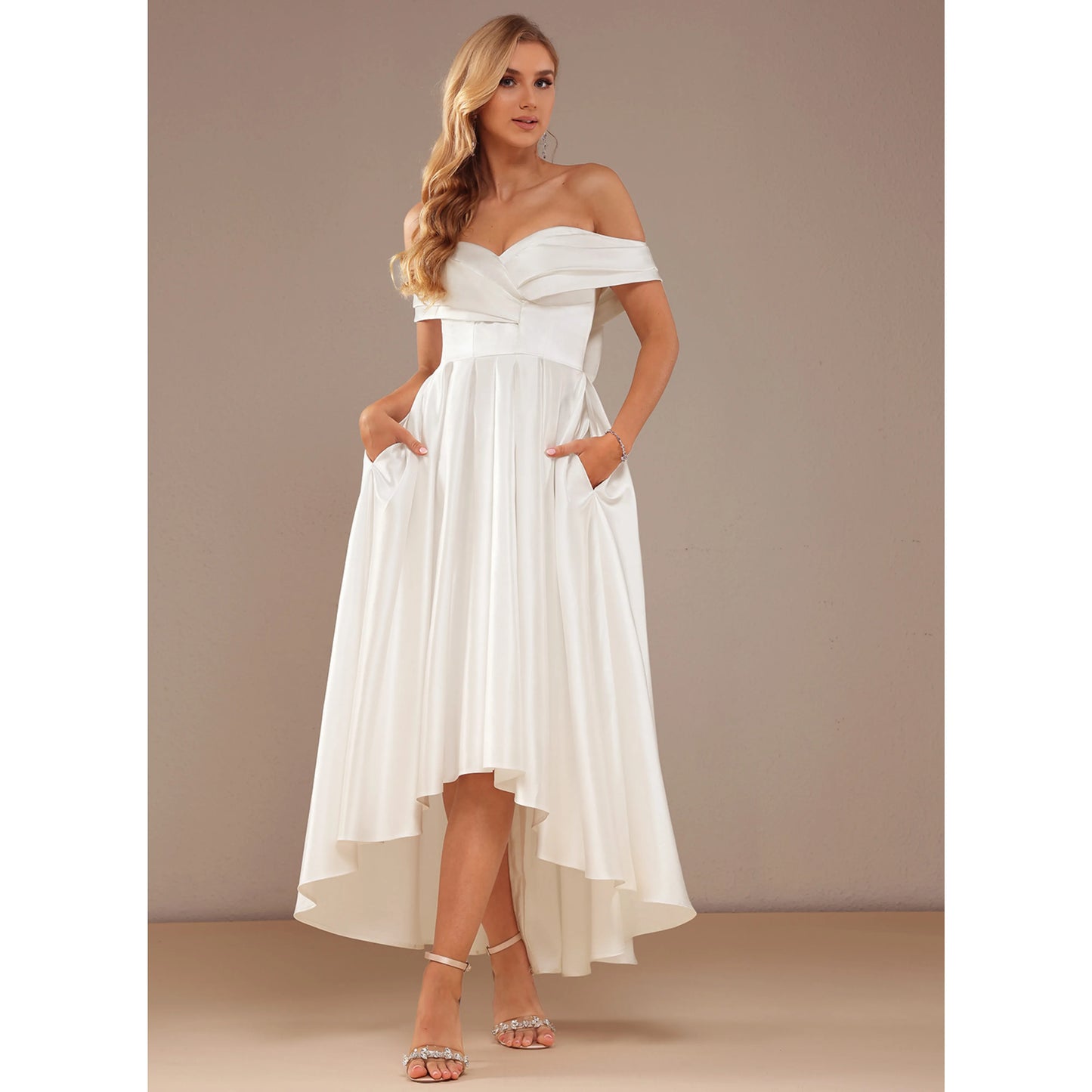 Elegant A-Line Off-Shoulder Sweetheart High-Low Bow-Back White Wedding Dresses Brides Gown