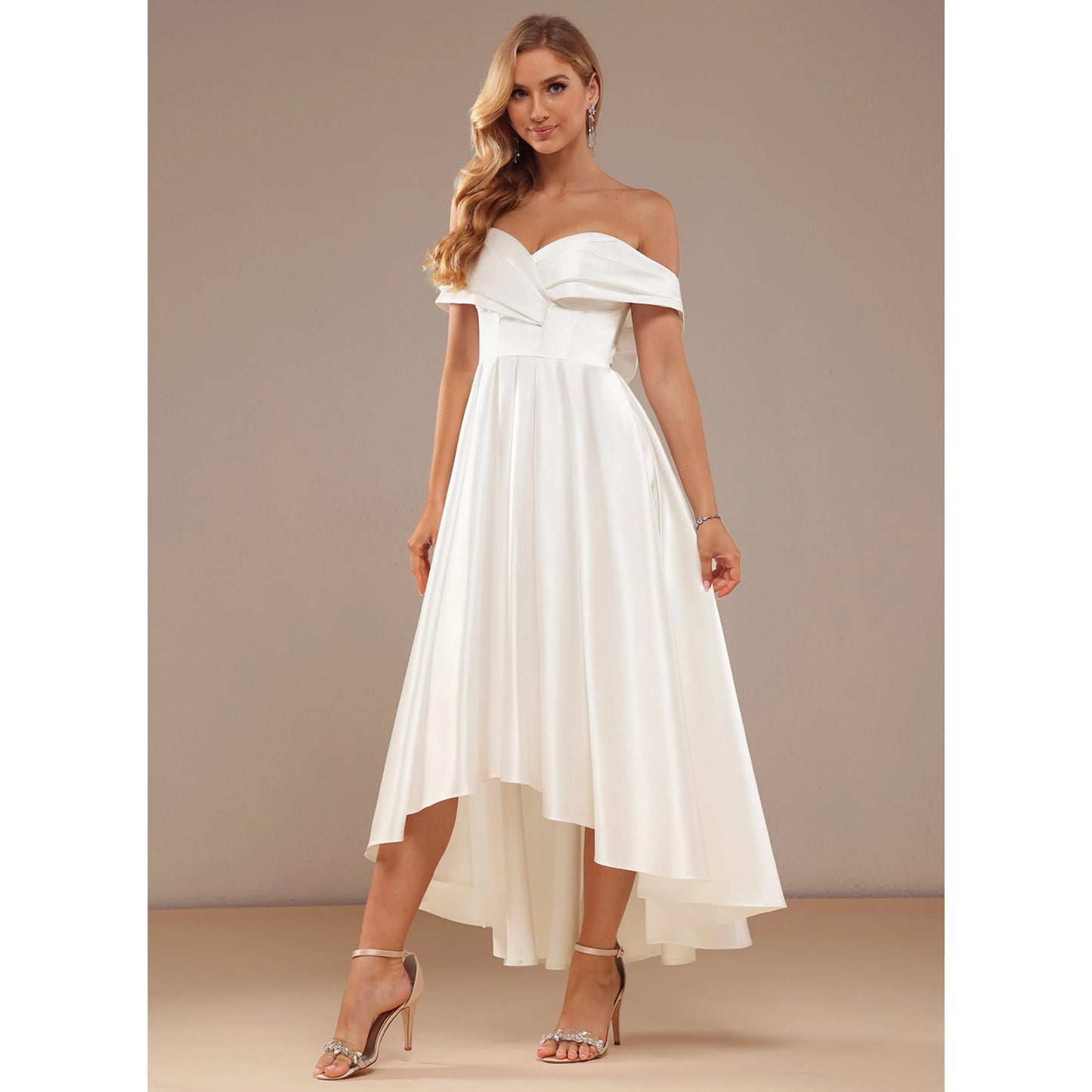 Elegant A-Line Off-Shoulder Sweetheart High-Low Bow-Back White Wedding Dresses Brides Gown