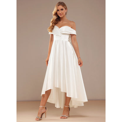 Elegant A-Line Off-Shoulder Sweetheart High-Low Bow-Back White Wedding Dresses Brides Gown