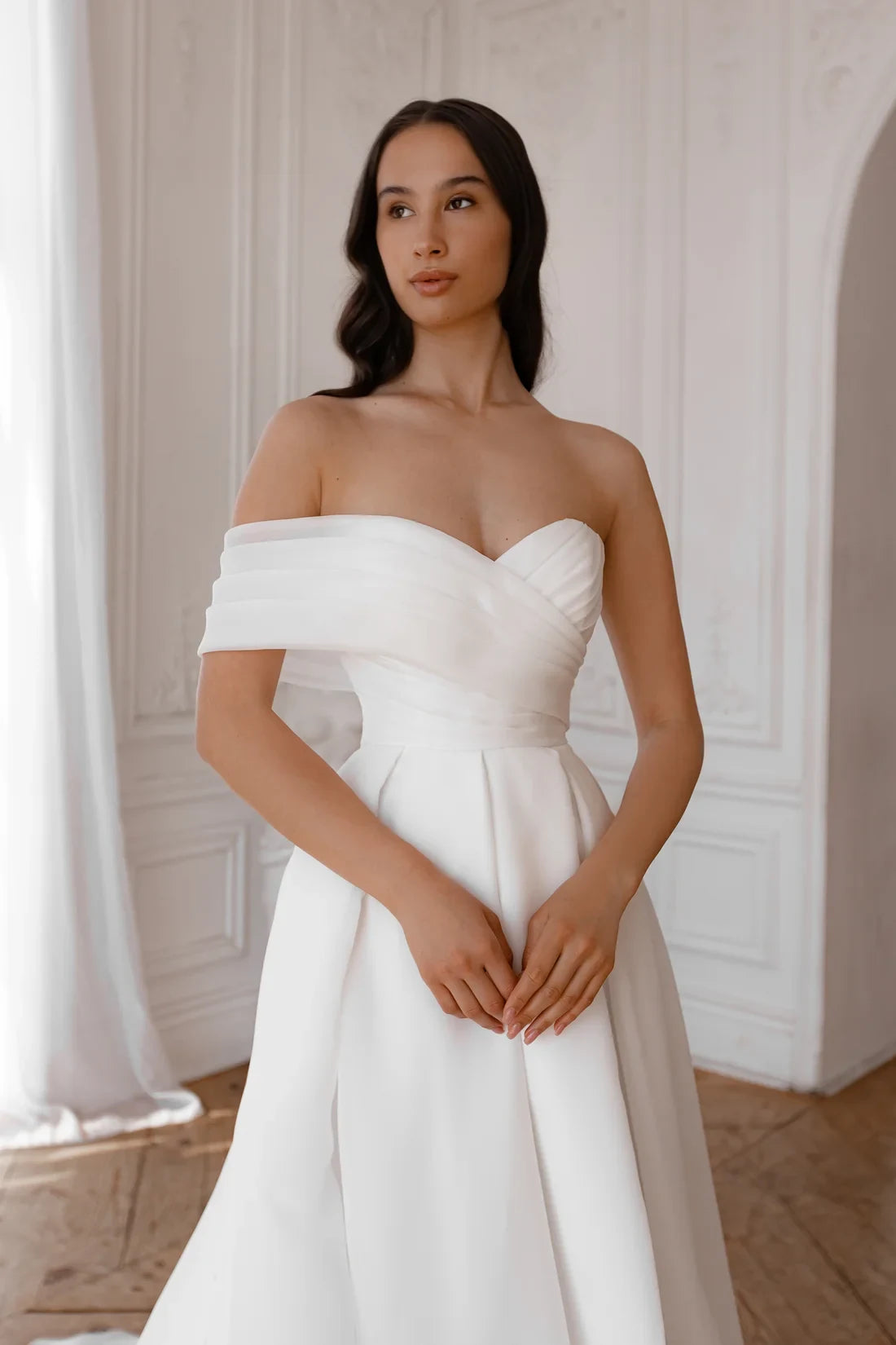 Elegant A-Line Off-Shoulder Sweetheart High Slit White Floor-Length Wedding Gown