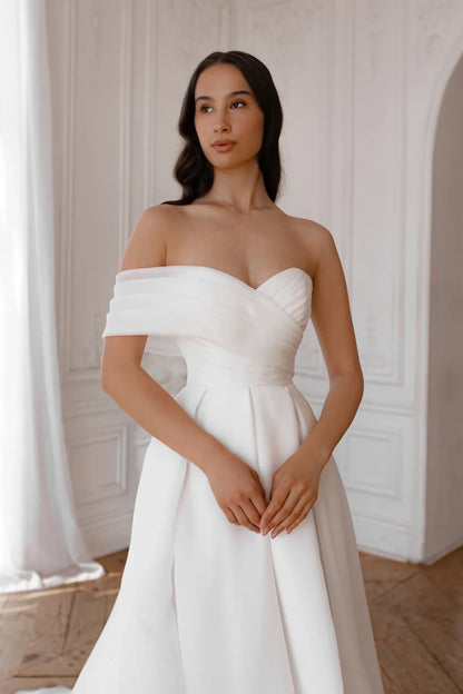 Elegant A-Line Off-Shoulder Sweetheart High Slit White Floor-Length Wedding Gown