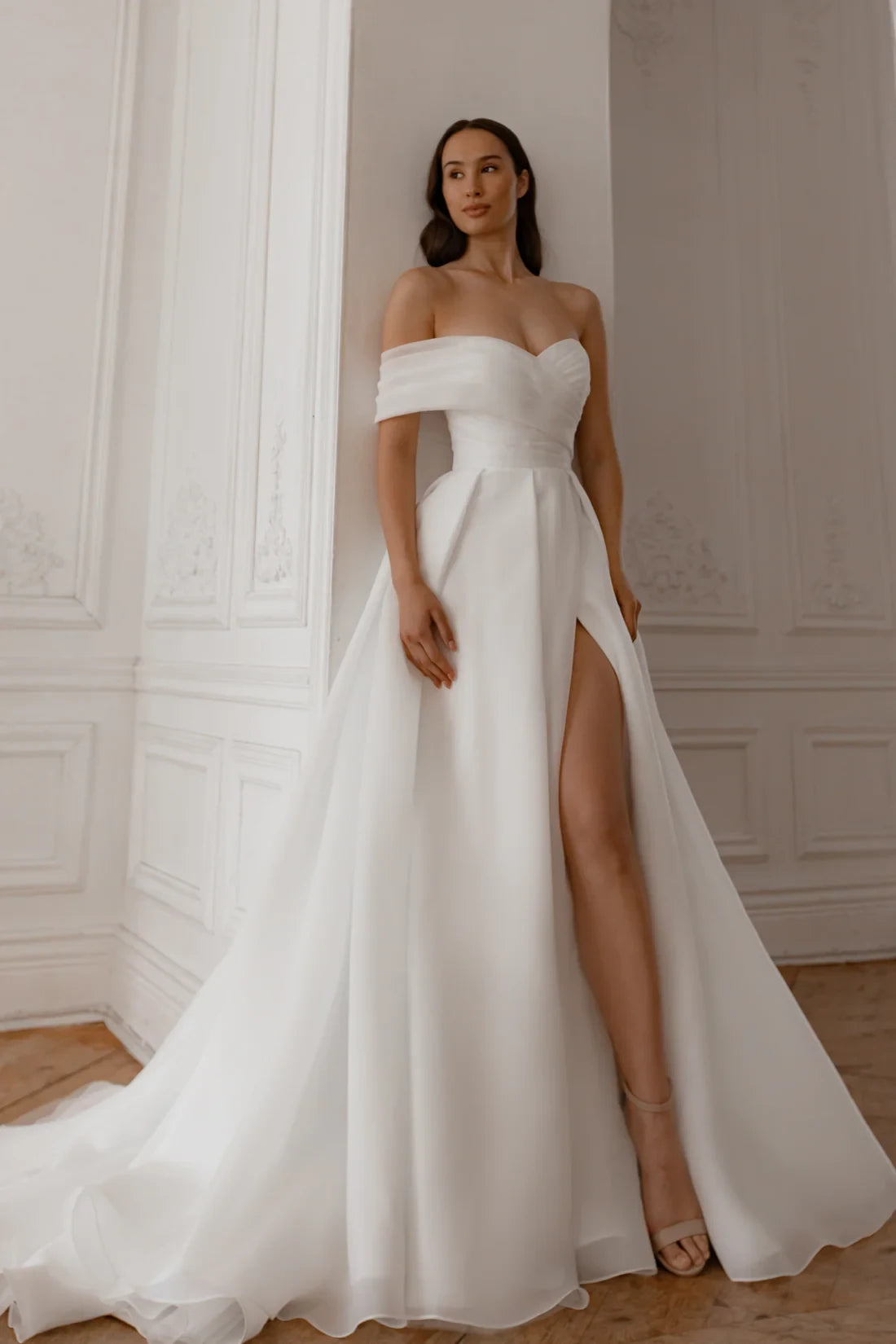 Elegant A-Line Off-Shoulder Sweetheart High Slit White Floor-Length Wedding Gown