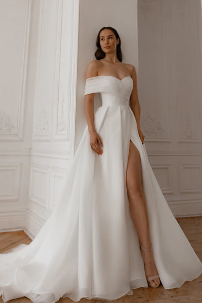 Elegant A-Line Off-Shoulder Sweetheart High Slit White Floor-Length Wedding Gown