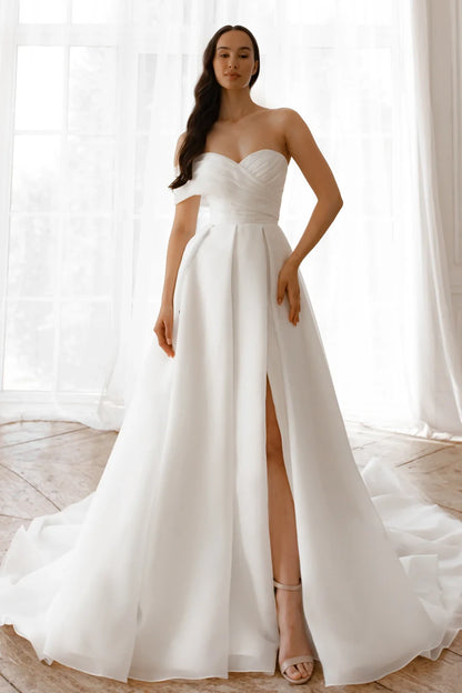 Elegant A-Line Off-Shoulder Sweetheart High Slit White Floor-Length Wedding Gown