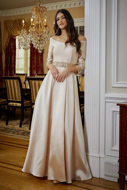 Elegant A-Line Off-Shoulder Three-Quarter Sleeve Beaded Champagne Floor-Length Mother of the Bride Gown