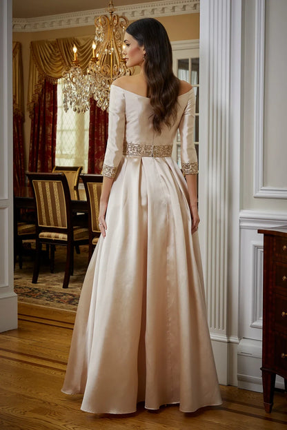 Elegant A-Line Off-Shoulder Three-Quarter Sleeve Beaded Champagne Floor-Length Mother of the Bride Gown