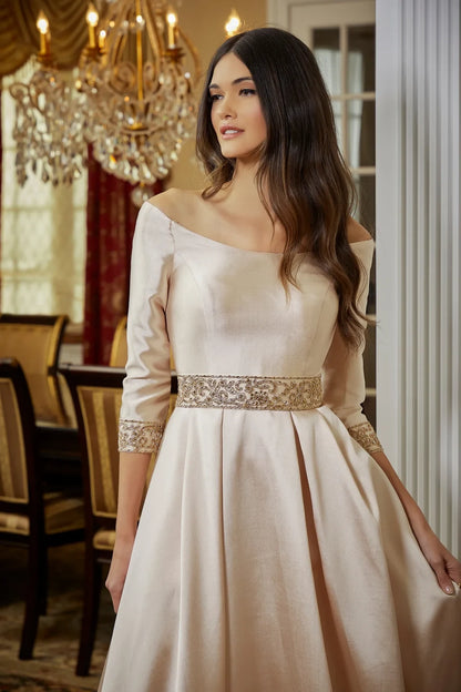 Elegant A-Line Off-Shoulder Three-Quarter Sleeve Beaded Champagne Floor-Length Mother of the Bride Gown