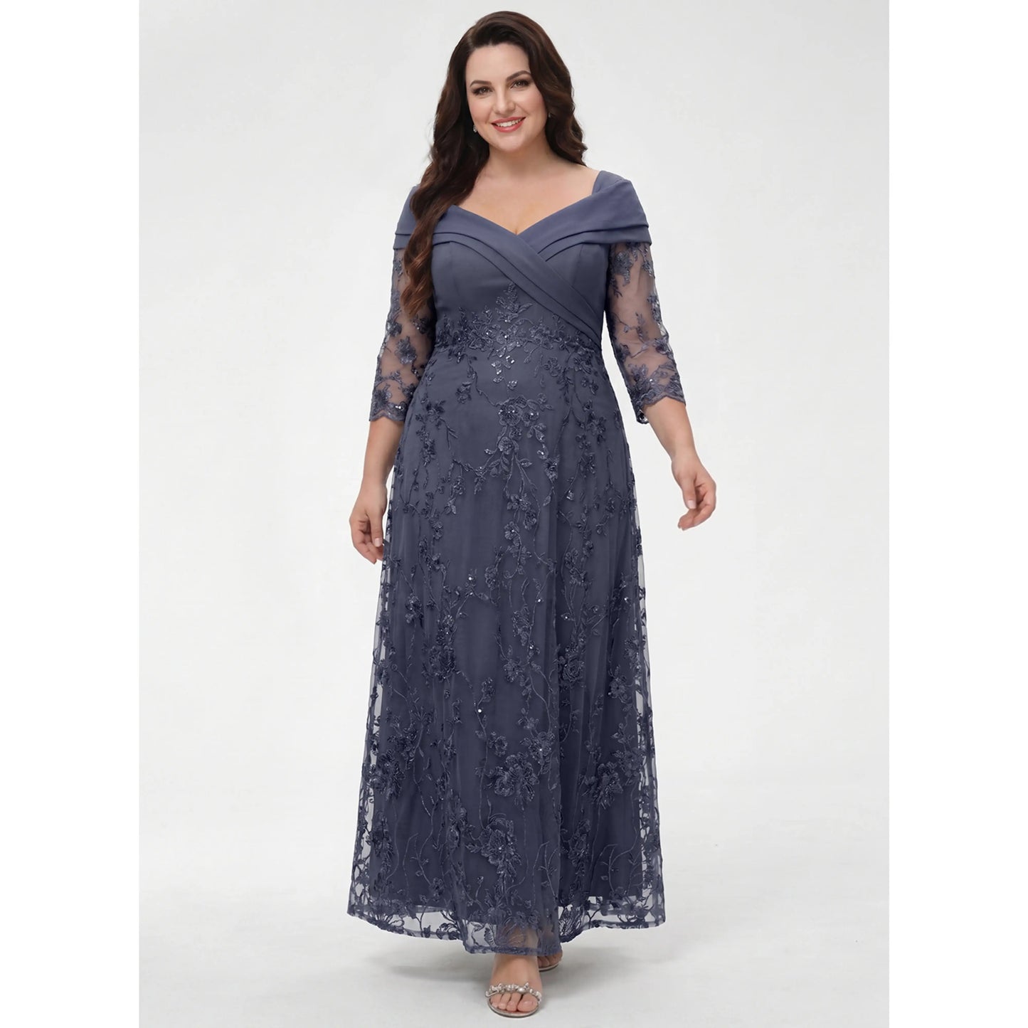 Elegant A-Line Off-Shoulder Three-Quarter Sleeve Dusty Blue Mother of the Bride Gown