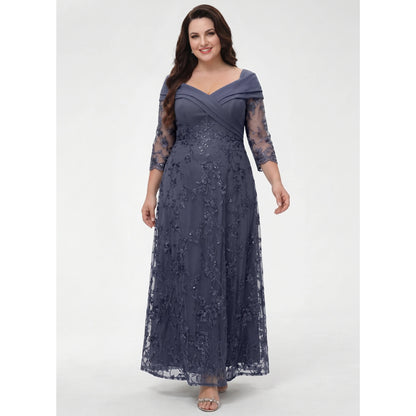 Elegant A-Line Off-Shoulder Three-Quarter Sleeve Dusty Blue Mother of the Bride Gown