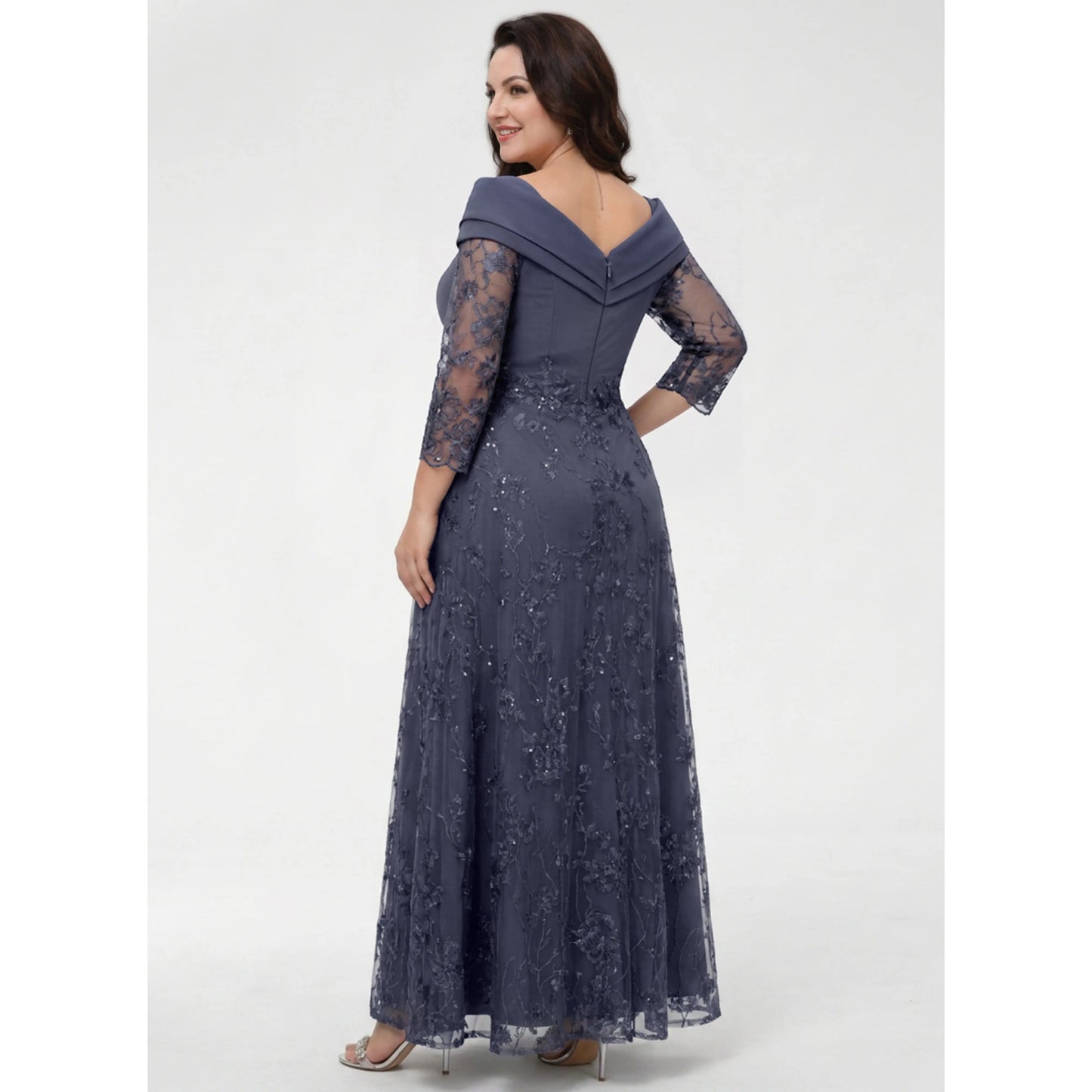 Elegant A-Line Off-Shoulder Three-Quarter Sleeve Dusty Blue Mother of the Bride Gown