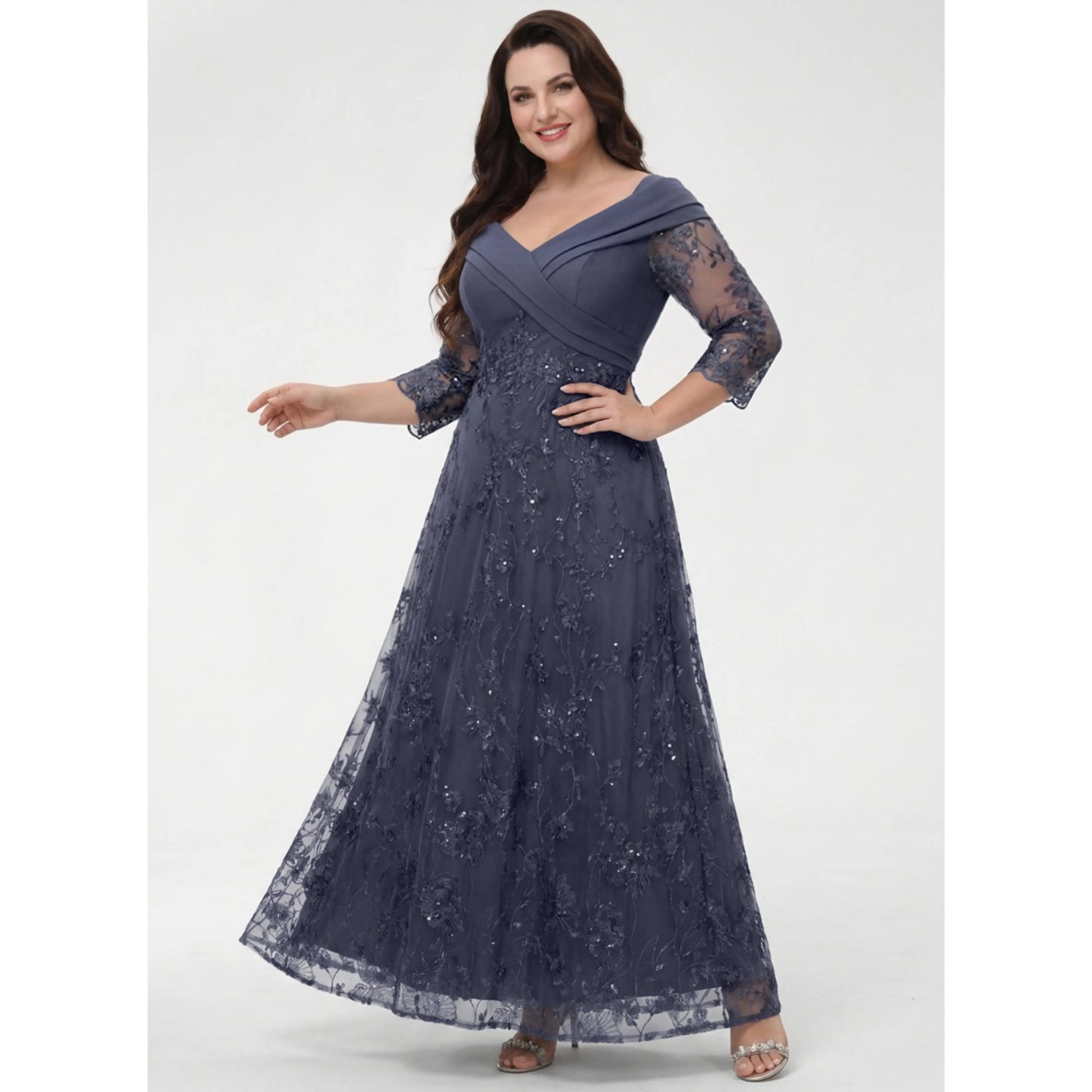 Elegant A-Line Off-Shoulder Three-Quarter Sleeve Dusty Blue Mother of the Bride Gown