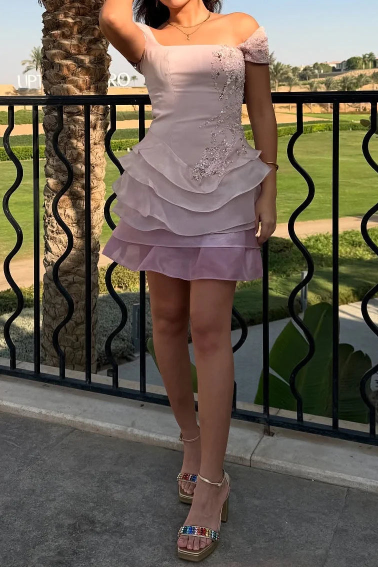 Elegant A-Line Off-Shoulder Tiered Ruffle Sequin Blush Short Homecoming Dresses
