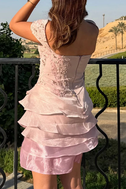 Elegant A-Line Off-Shoulder Tiered Ruffle Sequin Blush Short Homecoming Dresses