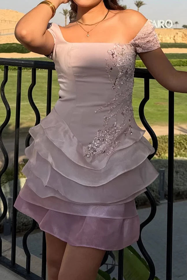 Elegant A-Line Off-Shoulder Tiered Ruffle Sequin Blush Short Homecoming Dresses