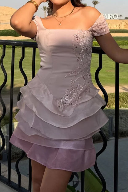 Elegant A-Line Off-Shoulder Tiered Ruffle Sequin Blush Short Homecoming Dresses
