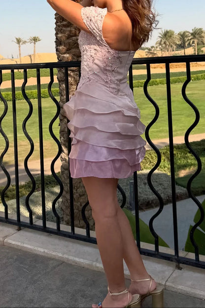 Elegant A-Line Off-Shoulder Tiered Ruffle Sequin Blush Short Homecoming Dresses