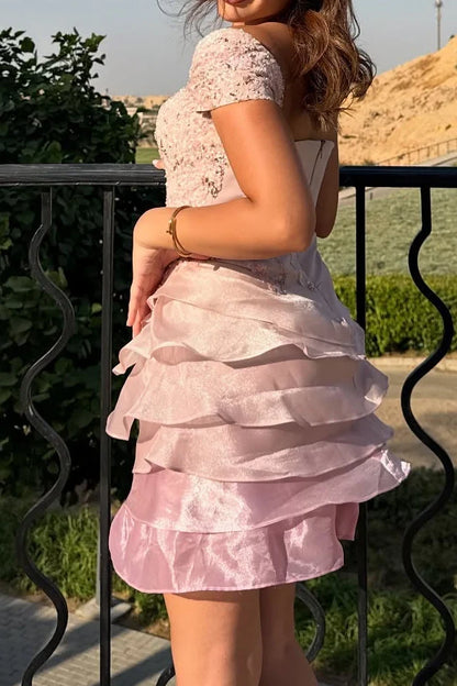 Elegant A-Line Off-Shoulder Tiered Ruffle Sequin Blush Short Homecoming Dresses