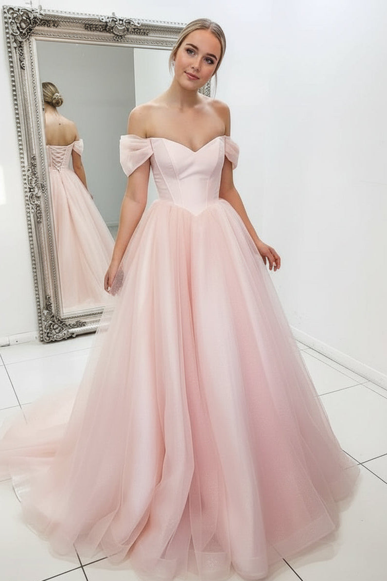 Elegant A-Line Off-Shoulder Tulle Flowy Pink Long Prom Dress Gown
