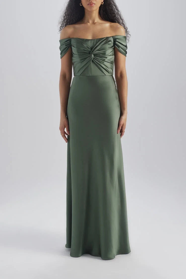 Elegant A-Line Off-Shoulder Twisted Bodice Sage Green Floor-Length Bridesmaid Gown