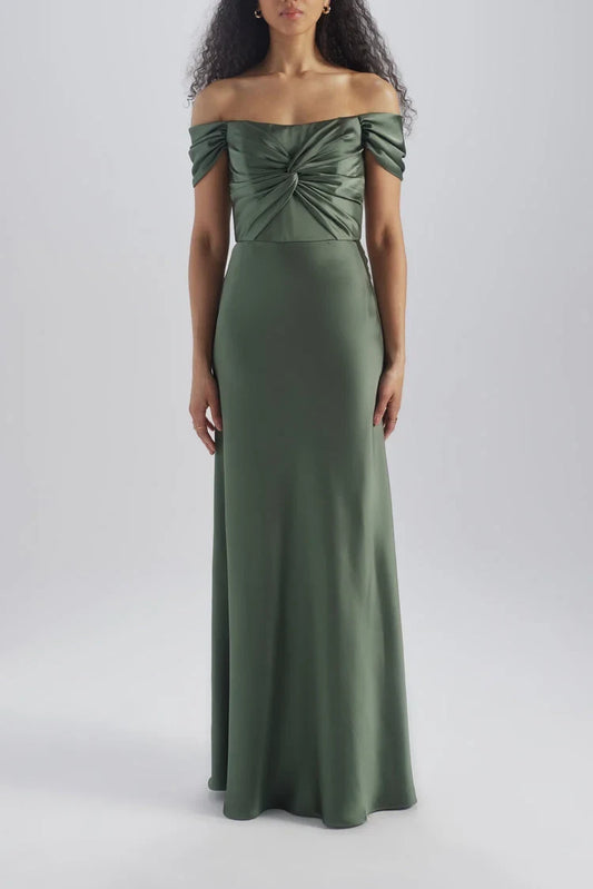 Elegant A-Line Off-Shoulder Twisted Bodice Sage Green Floor-Length Bridesmaid Gown