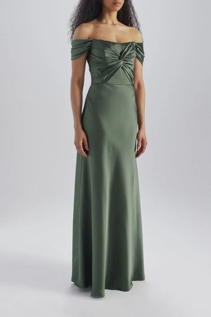 Elegant A-Line Off-Shoulder Twisted Bodice Sage Green Floor-Length Bridesmaid Gown
