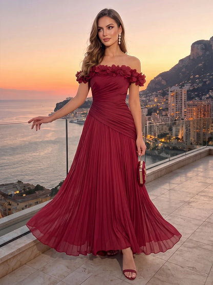 Elegant A-Line Off-The-Shoulder Sleeveless Floral Pleated Burgundy Long Prom Dresses Womens Gown