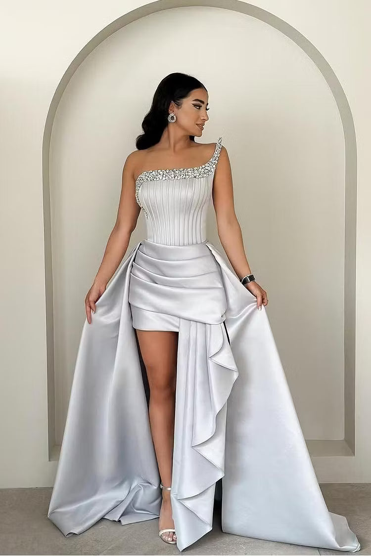 Elegant A-Line One-Shoulder Beaded Ruched Silver Floor-Length Prom Dresses Women's Gown
