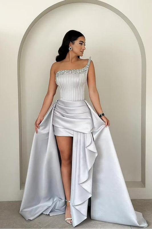 Elegant A-Line One-Shoulder Beaded Ruched Silver Floor-Length Prom Dresses Women's Gown