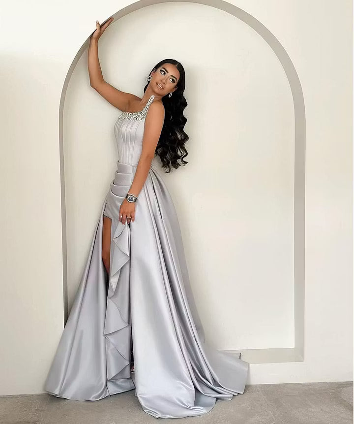 Elegant A-Line One-Shoulder Beaded Ruched Silver Floor-Length Prom Dresses Women's Gown