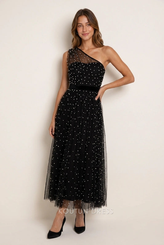 Elegant A-Line One-Shoulder Beaded Tulle Black Midi Prom Dresses