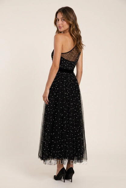Elegant A-Line One-Shoulder Beaded Tulle Black Midi Prom Dresses