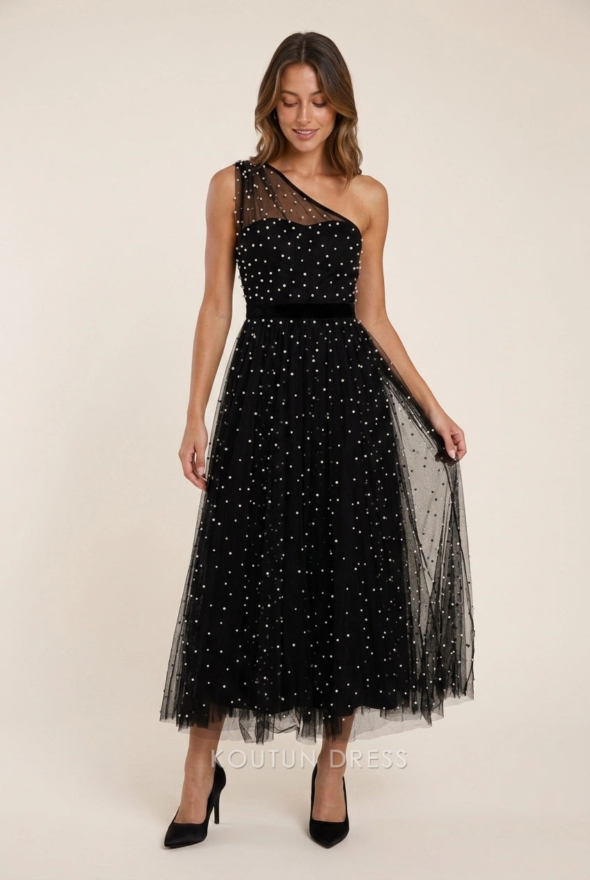 Elegant A-Line One-Shoulder Beaded Tulle Black Midi Prom Dresses