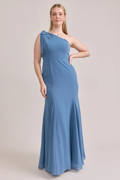 Elegant A-Line One-Shoulder Draped Dusty Blue Floor-Length Bridesmaid Gown