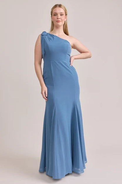 Elegant A-Line One-Shoulder Draped Dusty Blue Floor-Length Bridesmaid Gown