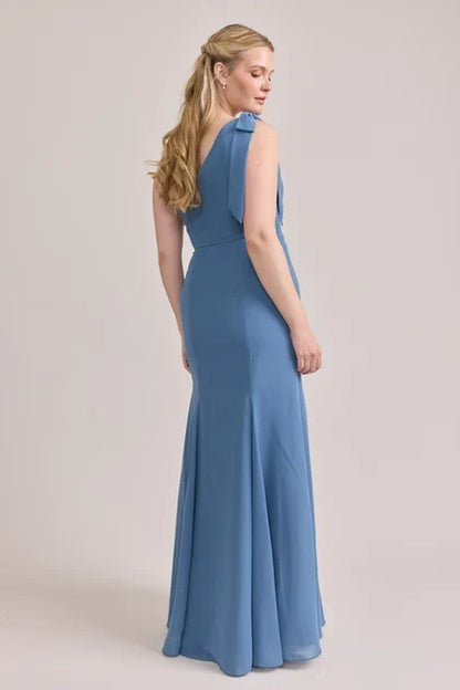Elegant A-Line One-Shoulder Draped Dusty Blue Floor-Length Bridesmaid Gown