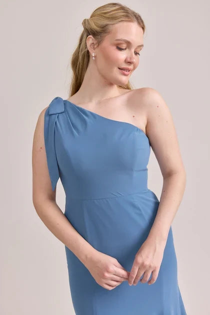 Elegant A-Line One-Shoulder Draped Dusty Blue Floor-Length Bridesmaid Gown