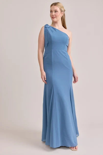 Elegant A-Line One-Shoulder Draped Dusty Blue Floor-Length Bridesmaid Gown
