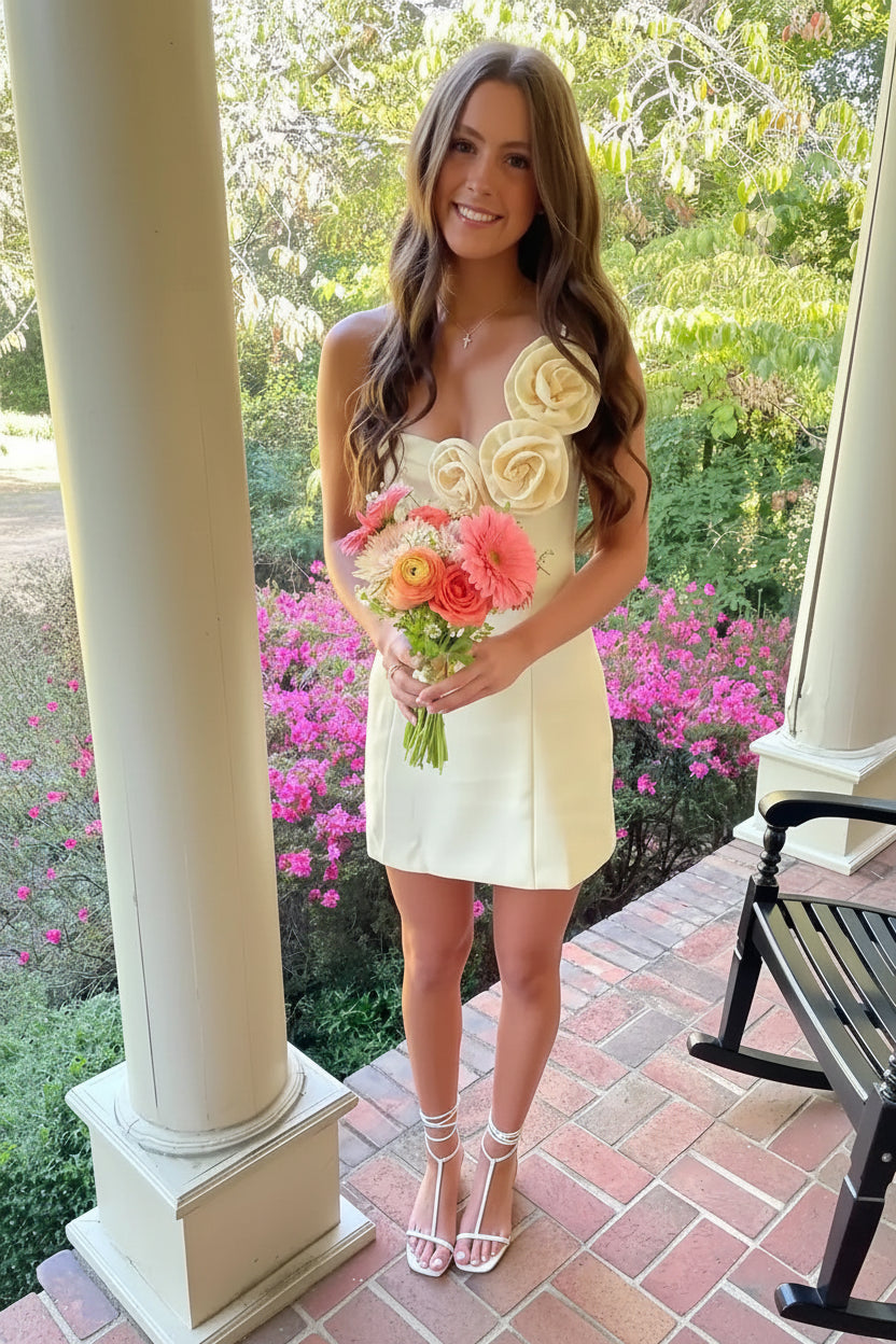 Elegant A-Line One-Shoulder Floral Corset Yellow Short Homecoming Dress Women's