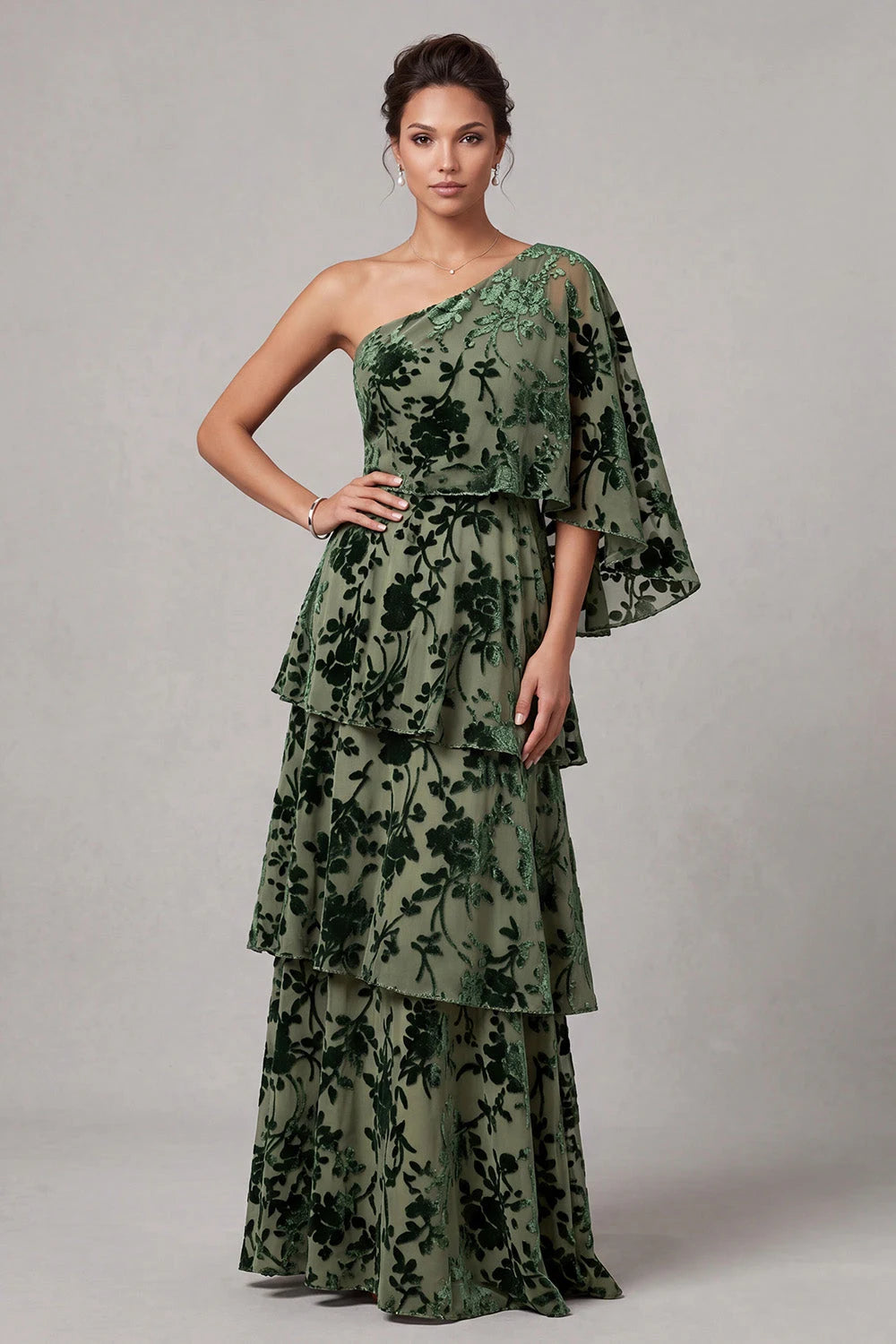 Elegant A-Line One-Shoulder Floral Velvet Ruffled Sage Green Floor-Length Prom Gown